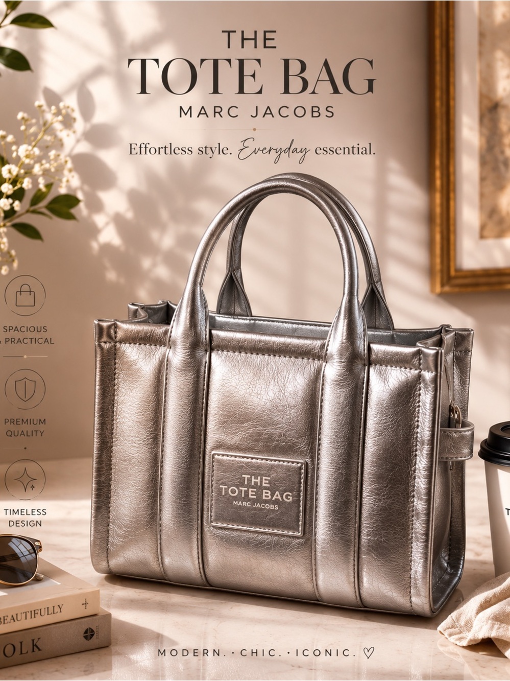 NWOT Marc Jacobs Metallic Silver The Tote Bag